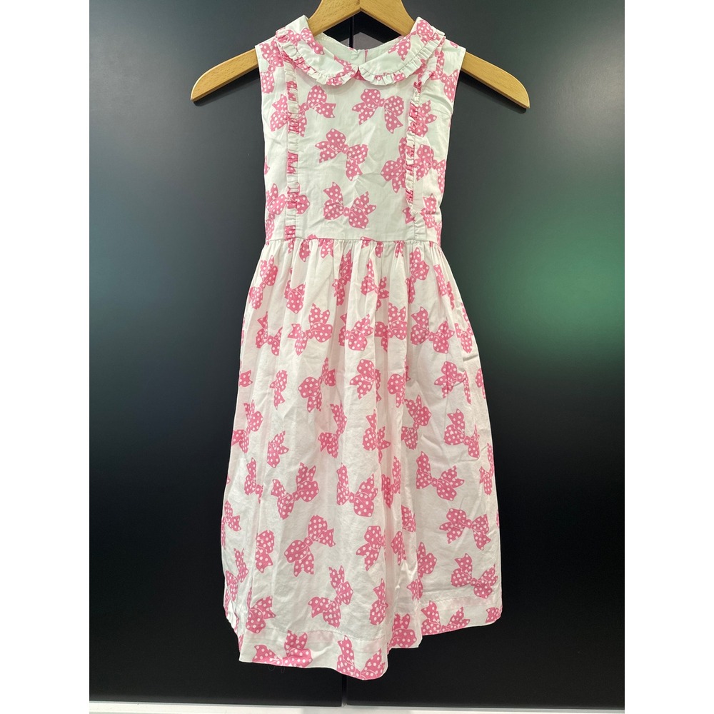 Rachel Riley Girls White Pink Bow Polka Dot Ruffle Cotton Dress Size 8Y
